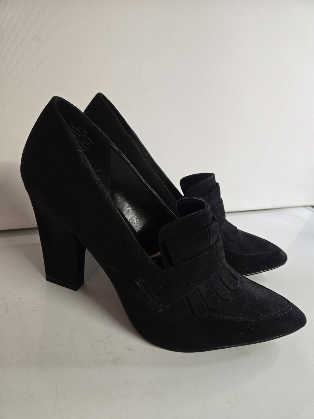 Nine West Black Suede Fringe Block Heel Pumps